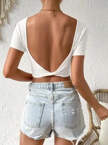 SHEIN VCAY Twist Backless Crop Tee - White - View 6