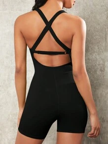 VARSITIE Solid Skinny Sports Romper - Black - View 6