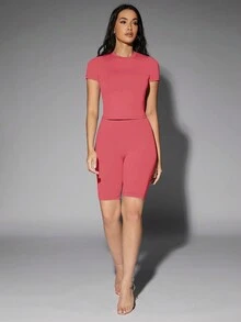 SHEIN BAE 素色短款T恤 - 西瓜粉 - 查看 5