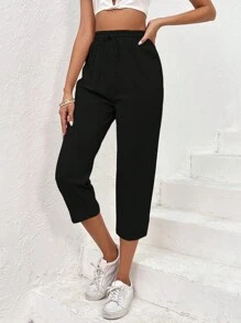 SHEIN VCAY 素色腰上打結長褲 - 黑色 - 查看 1