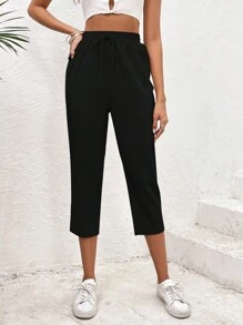 SHEIN VCAY 素色腰上打結長褲 - 黑色 - 查看 4