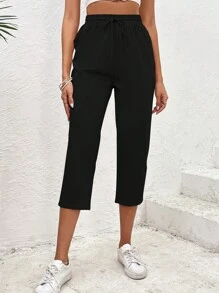 SHEIN VCAY 素色腰上打結長褲 - 黑色 - 查看 5