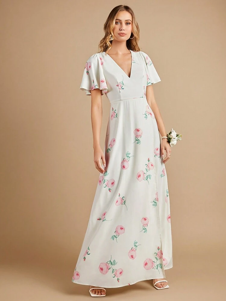 Floral Print Butterfly Sleeve Bridesmaid Dress