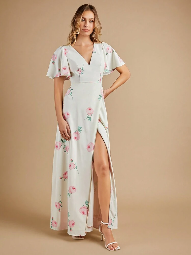 Floral Print Butterfly Sleeve Bridesmaid Dress