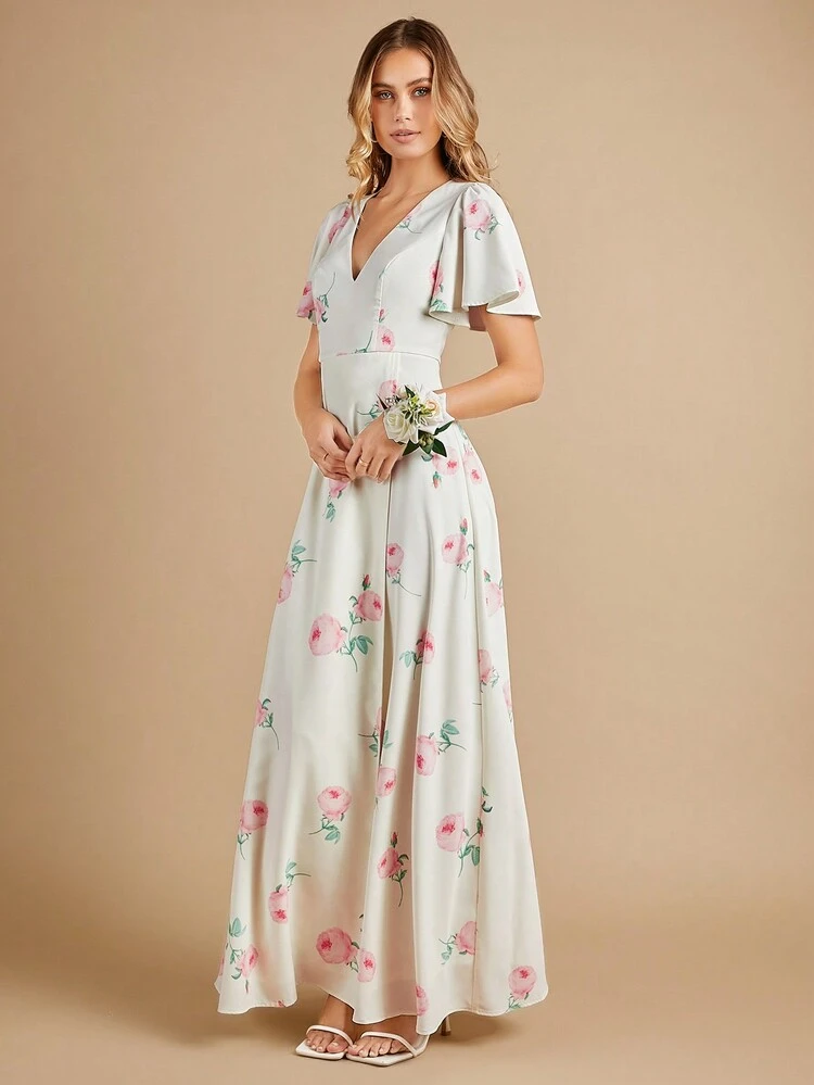 Floral Print Butterfly Sleeve Bridesmaid Dress