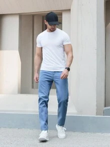 男士斜口袋直筒牛仔裤 - 淺色水洗藍 - 查看 3