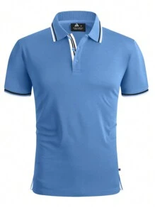 男士條紋飾邊POLO衫 - 霧霾藍 - 查看 1