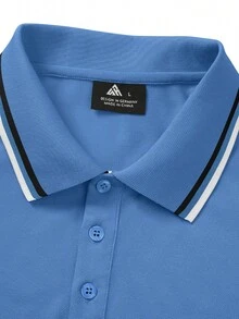 男士條紋飾邊POLO衫 - 霧霾藍 - 查看 4