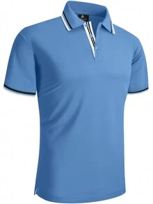 男士條紋飾邊POLO衫 - 霧霾藍 - 查看 5