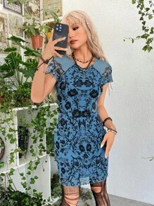 ROMWE PUNK Đầm Xù nhỏ cắt Hoa Tất cả trên in Giải trí - Nhiều màu - Xem 5