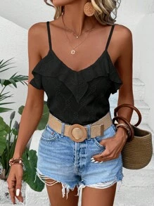 SHEIN LUNE Viền Ruffle Cami ngọn - màu đen - Xem 1
