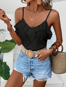 SHEIN LUNE Viền Ruffle Cami ngọn - màu đen - Xem 3