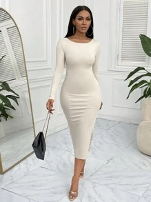 Slaydiva 素色條紋針織緊身連衣裙