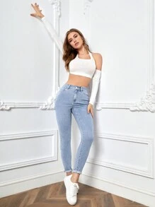 高腰卷邊緊身牛仔褲 - 淺色水洗藍 - 查看 2