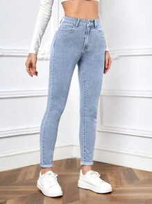 高腰卷邊緊身牛仔褲 - 淺色水洗藍 - 查看 1