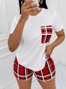 Slaydiva Plaid Print Pocket Patched Tee & Shorts - Red and White - View 1