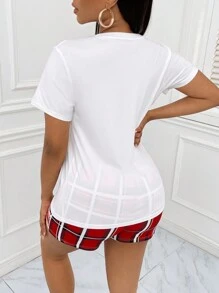 Slaydiva Plaid Print Pocket Patched Tee & Shorts - Red and White - View 2
