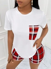 Slaydiva Plaid Print Pocket Patched Tee & Shorts - Red and White - View 3