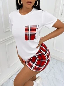 Slaydiva Plaid Print Pocket Patched Tee & Shorts - Red and White - View 5