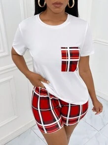 Slaydiva Plaid Print Pocket Patched Tee & Shorts - Red and White - View 6