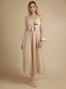 SHEIN Belle Bow Front Cami Bridesmaid Dress - Apricot - View 1