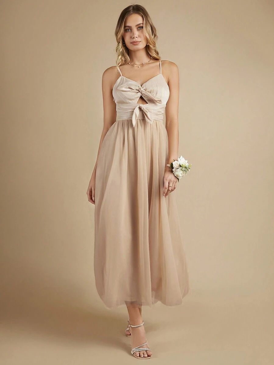 SHEIN Belle Bow Front Cami Bridesmaid Dress - Apricot - View 1
