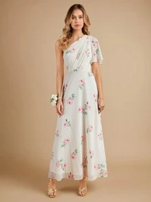 SHEIN Belle In hoa Một bờ vai Chiffon Váy phù dâu - Màu be - Xem 3