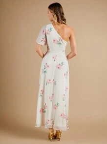 SHEIN Belle In hoa Một bờ vai Chiffon Váy phù dâu - Màu be - Xem 2