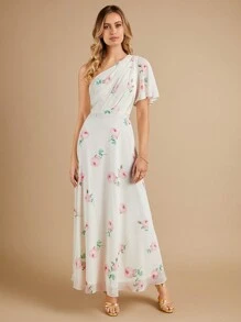 SHEIN Belle In hoa Một bờ vai Chiffon Váy phù dâu - Màu be - Xem 1