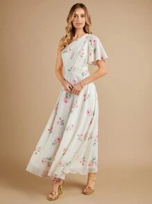 SHEIN Belle In hoa Một bờ vai Chiffon Váy phù dâu - Màu be - Xem 5