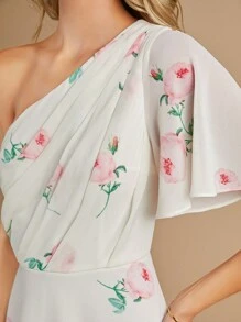 SHEIN Belle In hoa Một bờ vai Chiffon Váy phù dâu - Màu be - Xem 6