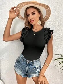 SHEIN VCAY 荷葉邊素色連體衣 - 黑色 - 查看 6