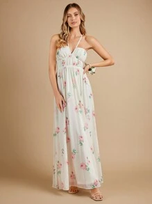 SHEIN Belle Bloemenprint Binding zonder rug Halternek Chiffon Bruidsmeisjes Jurk
