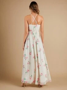 SHEIN Belle Bloemenprint Binding zonder rug Halternek Chiffon Bruidsmeisjes Jurk