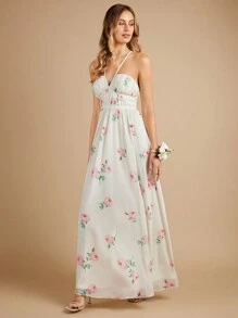 SHEIN Belle Bloemenprint Binding zonder rug Halternek Chiffon Bruidsmeisjes Jurk
