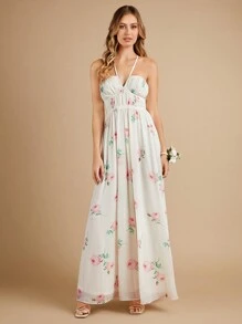 SHEIN Belle Bloemenprint Binding zonder rug Halternek Chiffon Bruidsmeisjes Jurk