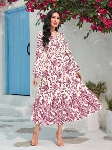 Mulvari 印花燈籠袖荷葉邊連衣裙不附腰帶 - 彩色 - 查看 1