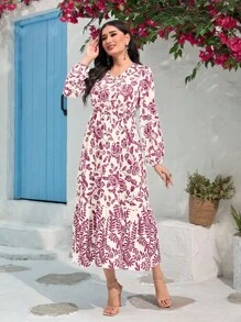 Mulvari 印花燈籠袖荷葉邊連衣裙不附腰帶 - 彩色 - 查看 3