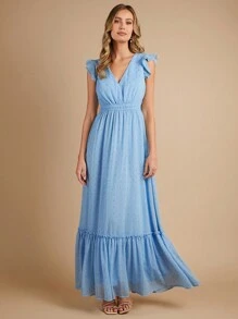 SHEIN Belle 燙金荷葉邊伴娘連衣裙 - 藍色 - 查看 3