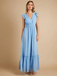 SHEIN Belle 燙金荷葉邊伴娘連衣裙 - 藍色 - 查看 5