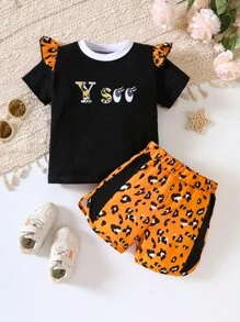 SHEIN Baby Letter Graphic Ruffle Trim Tee & Leopard Print Shorts - Multicolor - View 1