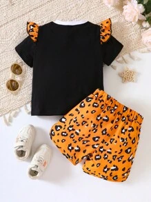 SHEIN Baby Letter Graphic Ruffle Trim Tee & Leopard Print Shorts - Multicolor - View 2