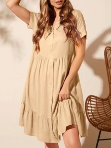 SHEIN LUNE Solid Ruffle Hem Smock Dress - Khaki - View 2