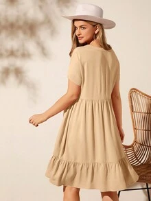 SHEIN LUNE Solid Ruffle Hem Smock Dress - Khaki - View 3
