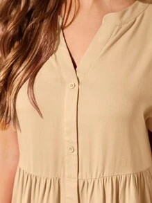SHEIN LUNE Solid Ruffle Hem Smock Dress - Khaki - View 5