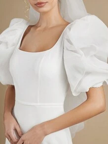 SHEIN Belle فستان زفاف موحدة اللون اكمام منتفخة حافة حورية البحر بدون حجاب - أبيض - مشاهدة 6