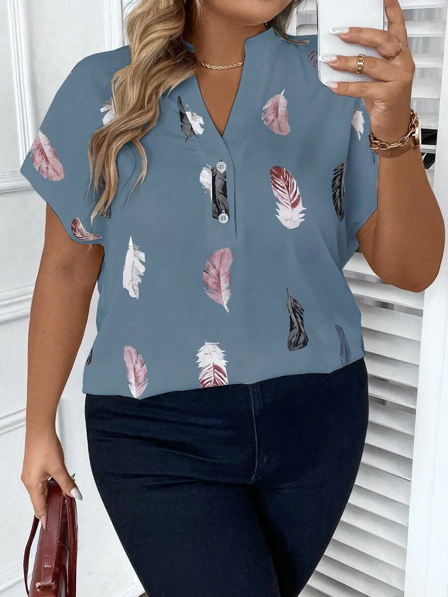 SHEIN LUNE Plus Feather Print Batwing Sleeve Blouse - Dusty Blue - View 1