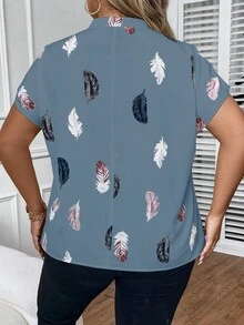 SHEIN LUNE Plus Feather Print Batwing Sleeve Blouse - Dusty Blue - View 2