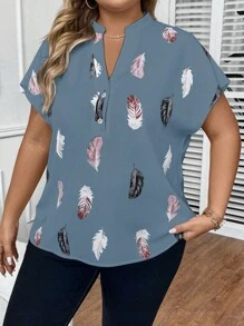 SHEIN LUNE Plus Feather Print Batwing Sleeve Blouse - Dusty Blue - View 3