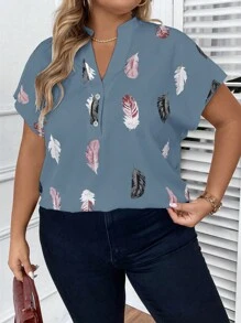 SHEIN LUNE Plus Feather Print Batwing Sleeve Blouse - Dusty Blue - View 4